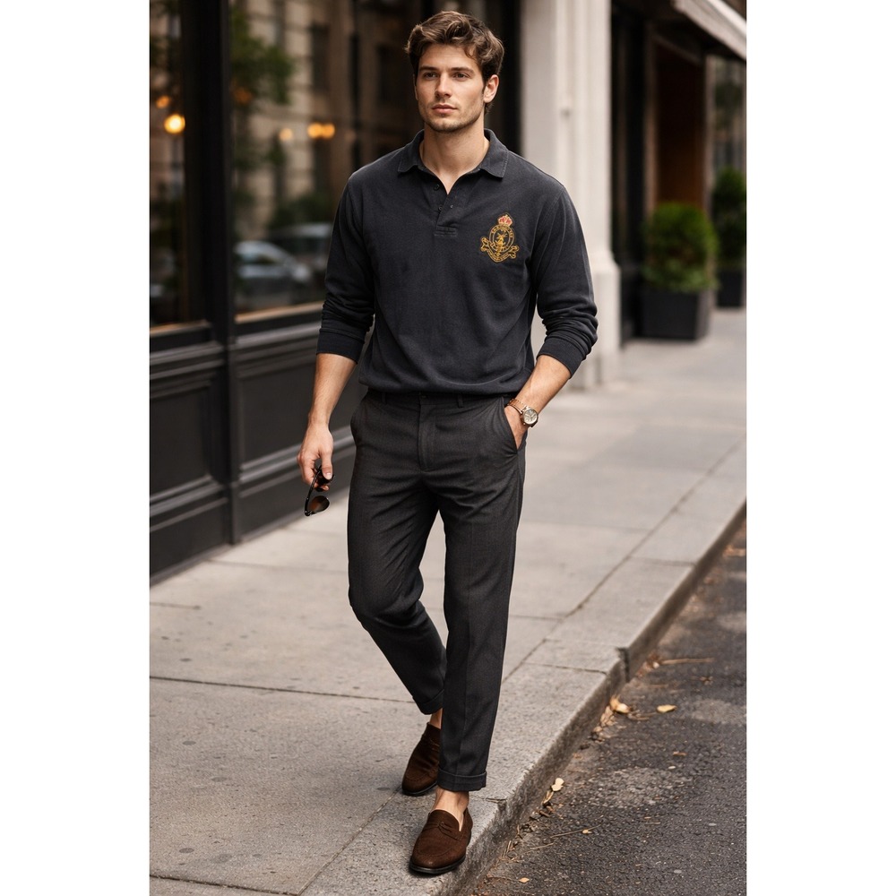 Polo Ralph Lauren Mens XL Custom Fit‎ Long Sleeve Polo Shirt Black Crest